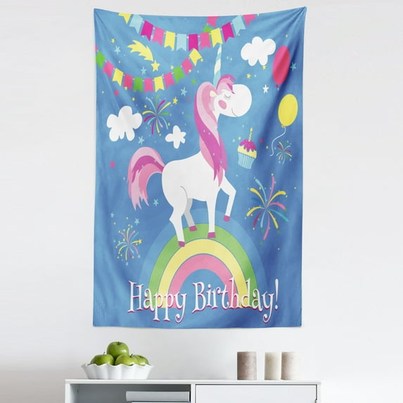 Unicorn Party Tapestry, Happy Birthday Words with Animal Marching on Rainbow with Balloons, Fabric Wall Hanging Decor for Bedroom Living Room Dorm, 5 Sizes, Multicolor, by Ambesonne