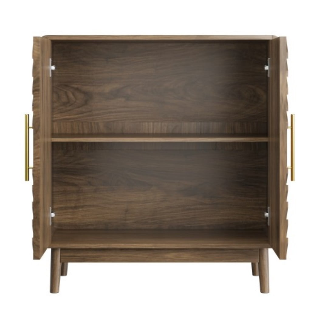 Modern Sideboard Cabinet, 2-Door Storage Buffet Cabinet with Adjustable Shelves, Curved Carved Doors & Gold Handles for Living Room, Dining Room & Entryway, Walnut