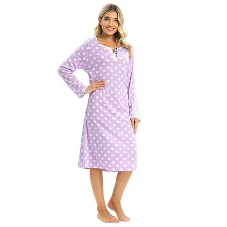 

WBQ Womens Nightgown Long Sleeve Polka Dot Sleepshirts Spring Fall Loungewear House Dress Button Sleepwear Henley Nightdress Purple L