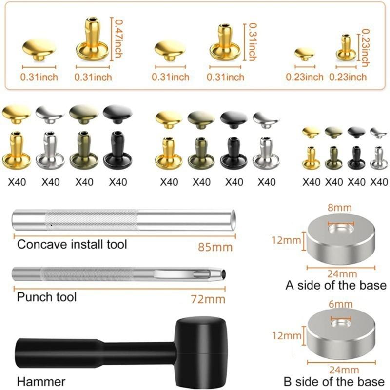 PatungKu 480 Set Leather Rivets 4 Color 3 Size with Hammer and 3 Setting Tool