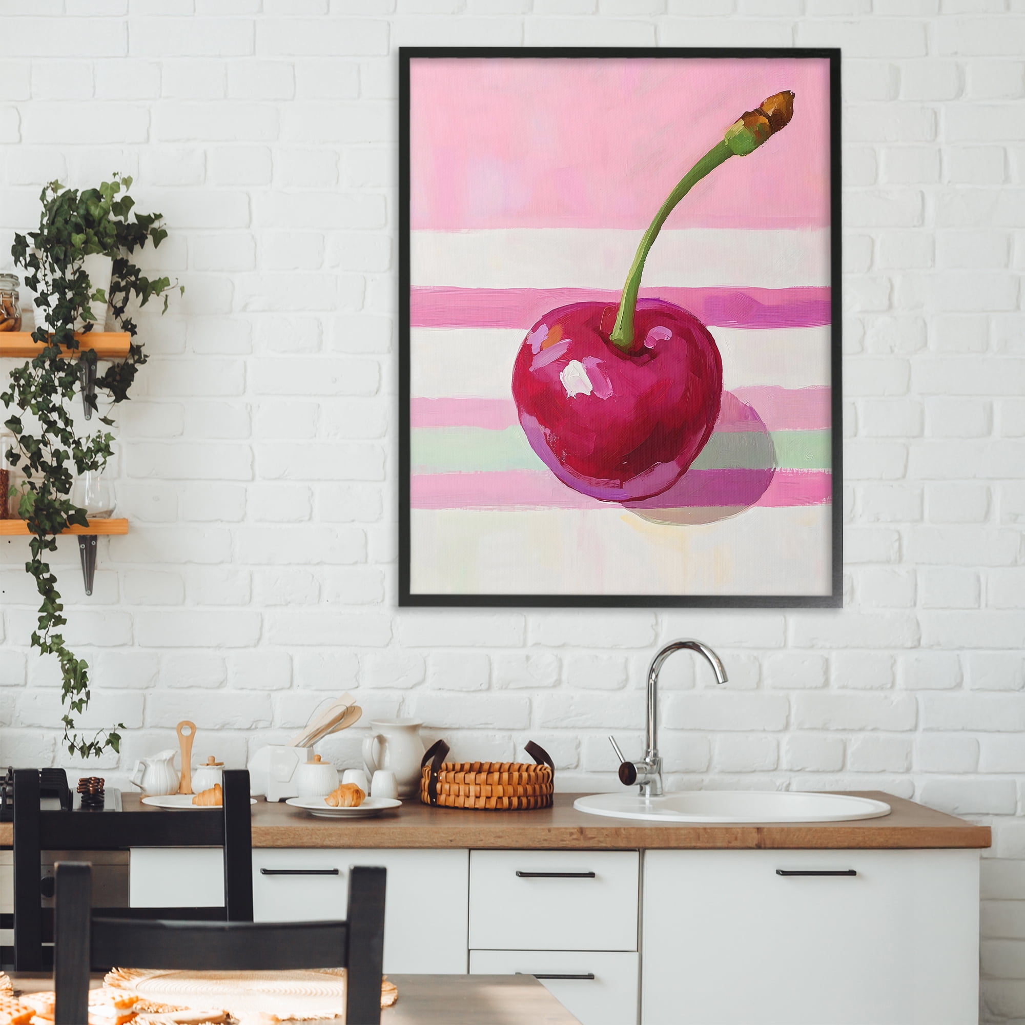Stupell Industries Cherry on Pink Stripes Black Framed Giclee Art, design by The Prints Vibe