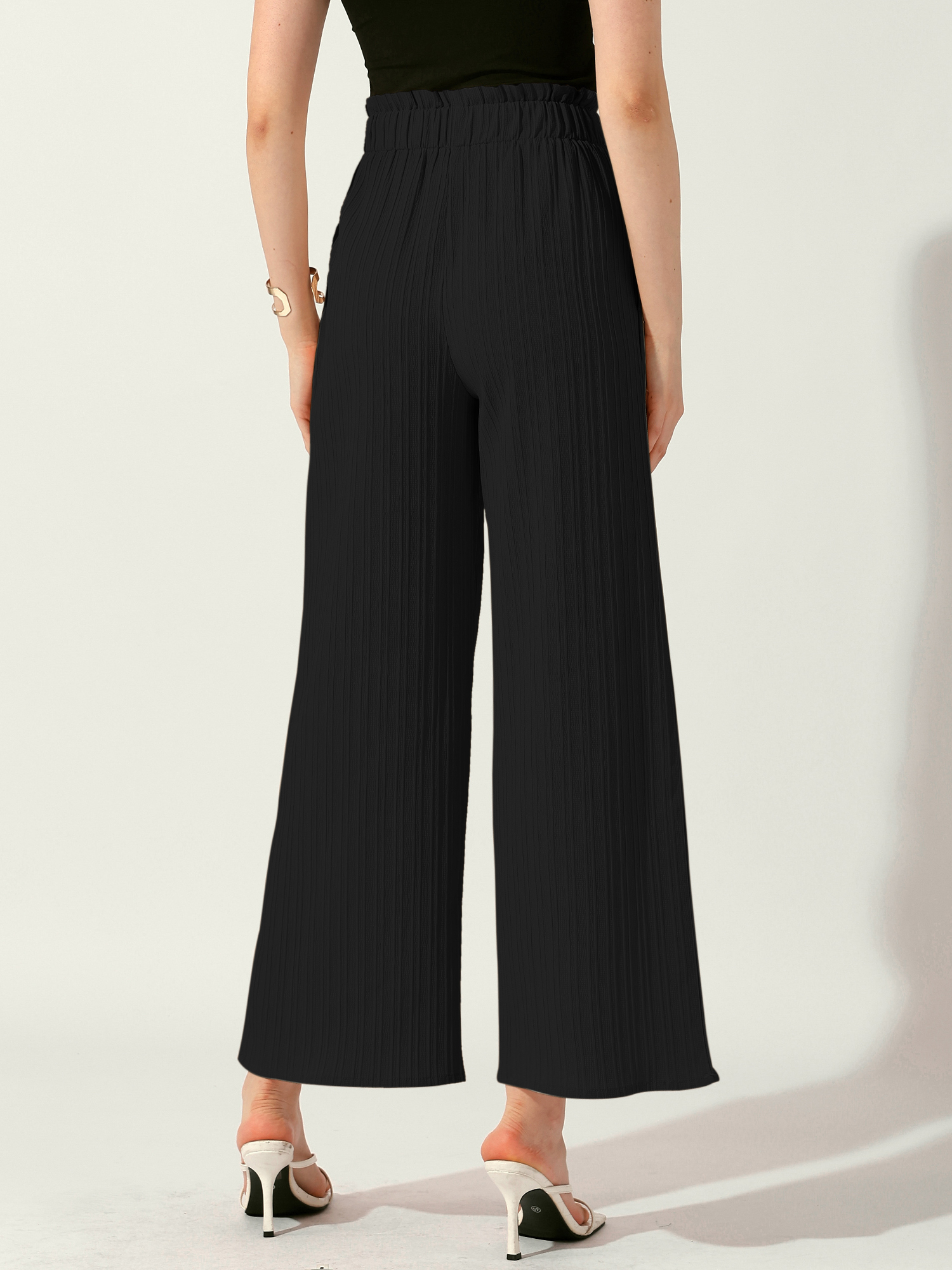 DARING DIVA Women's Elastic Waist Pleated Wide Leg Pants with Pockets XL Black