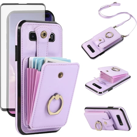 REQO Phone Case for Samsung Galaxy S10 Wallet Cell Cover with Tempered Glass Screen Protector and Crossbody Strap Ring Stand RFID Credit Card Holder S 10 Edge 10S GS10 X10 Women Girls Purple