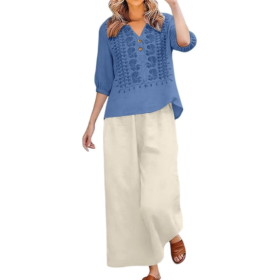 Womens 2 Piece Linen Suits Cute Summer Flowy Matching Suit Boho Flowy Embroidered Tops Wide Leg Pants Casual Sets
