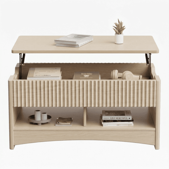 CHITOOMA Lift Top Coffee Table with Hidden Storage, Modern Farmhouse Cocktail Table with Open Shelves and Fluted Front for Living Room, Natural