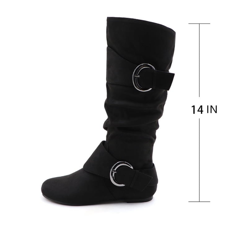 Women's Faux Suede Slouchy Mid-Calf High Boot Double Buckle Detail With ...