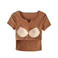 thumbnail image 6 of Nestiefly Womens Short Sleeve Shirts with Built in Bra V Neck Basic Tee Tops Summer Athletic Workout Yoga Padded Shirts Coffee S, 6 of 7