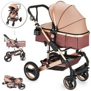 VEVOR Baby Stroller 2 in 1 Khaki Portable Baby Carriage Stroller Anti-Shock Springs Foldable Luxury Baby Stroller Adjustable High View Pram Travel System Infant Carriage Pushchair