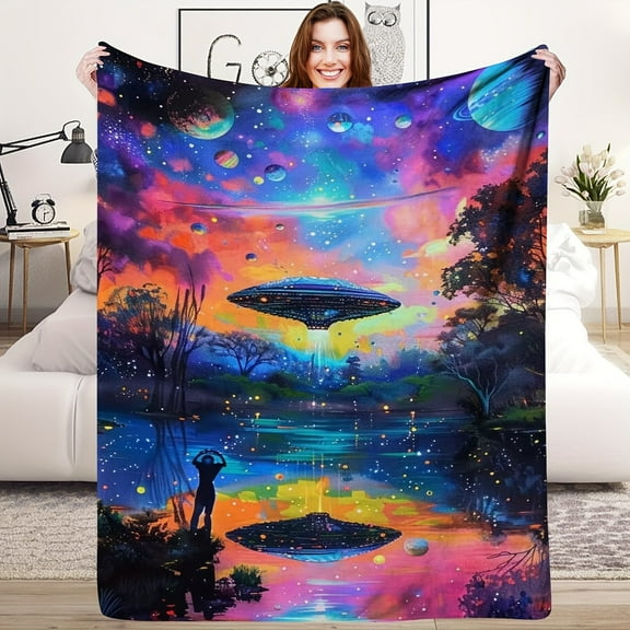 Cozy Fantasy UFO & Planets Knitted Throw Blanket - Throws - Soft, Plush, All-Season Flannel with Multicolor Space Fantasy Theme, Lodge Style