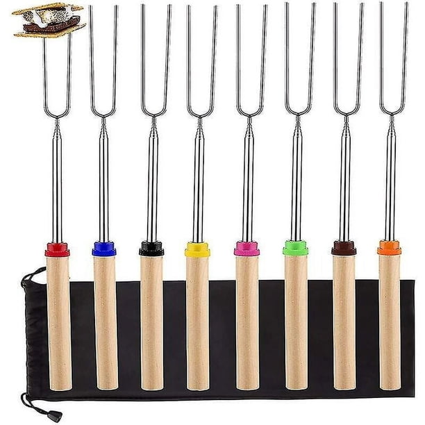 Tostadores de malvaviscos con mango de madera, tenedores telescópicos de acero inoxidable para cocinar en fogatas, longitud extensible de 32 pulgadas, codificados por colores para divertidas