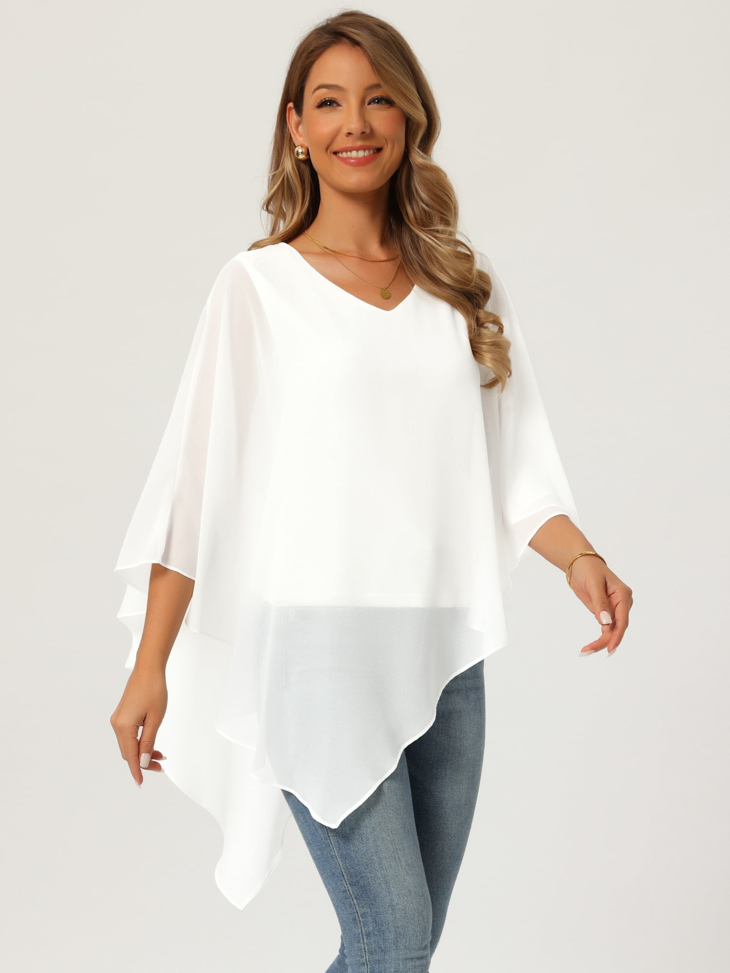 DARING DIVA Women's Flowy V Neck Chiffon Blouse Asymmetrical Top S White