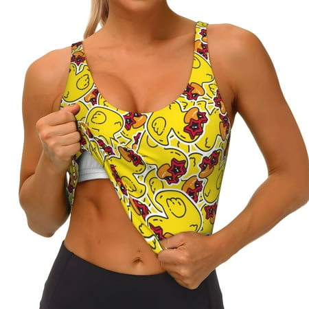 Qokaie Duck with Star Sunglasses Pattern Womens Scoop Neck Sports Bra Breathable Workout Vest Padded U Back Medium Impact Fitness Gym Yoga Bra Workout Crop Top