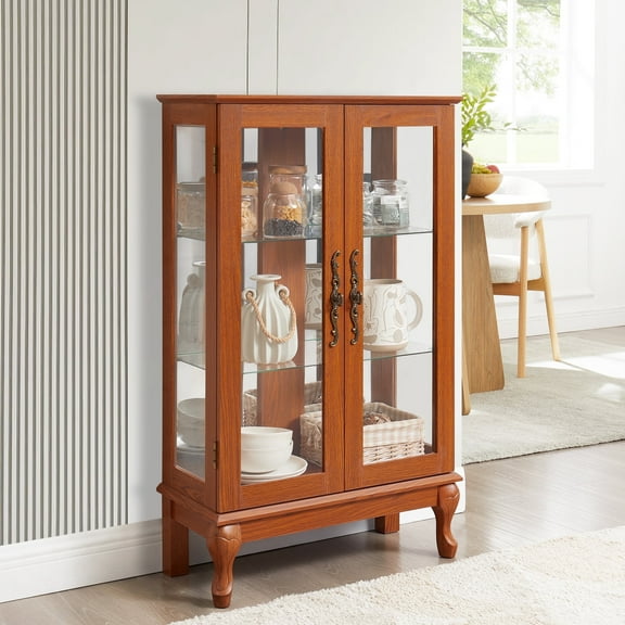 HIUU Small Curio Cabinets with Glass Doors,Small China Cabinets with Doors,Lighted Glass Display Cabinet with Lights(Oak)