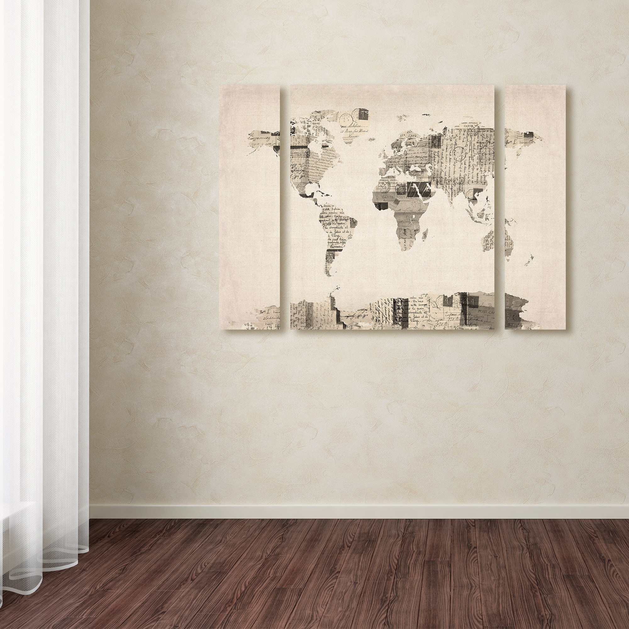 Trademark Fine Art "Postcard World Map" Canvas Art by Michael Tompsett Three Panel Set
