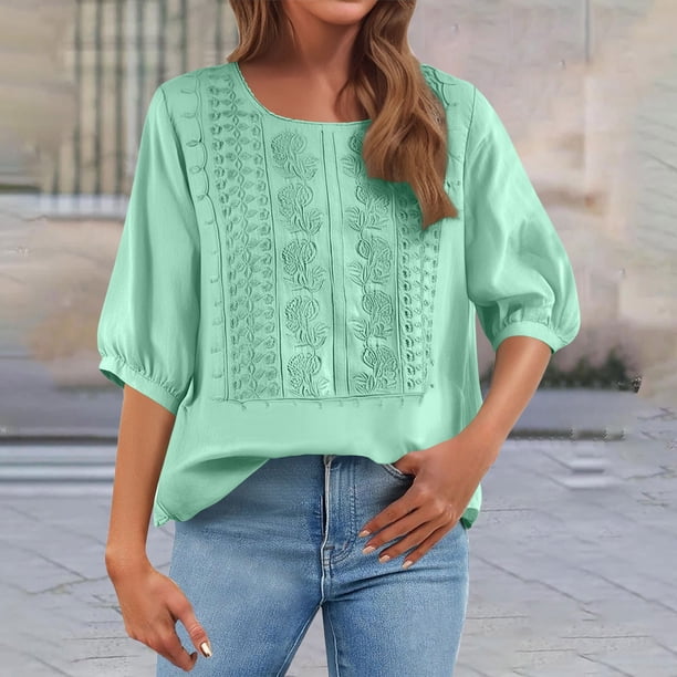 TaTaai Women's Short Sleeve T-Shirt / Vintage Embroidery Loose-Fit Round Neck Blouse / Cotton-Linen Breathable Casual Top Gift