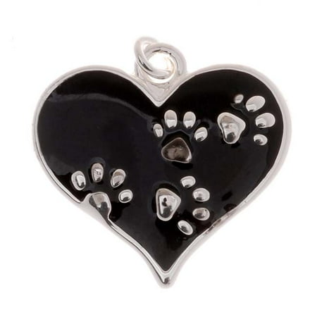 Enamel Animal Charm - silver plated black enamel animal lover 2-sided heart paw print charm 20mm (1)