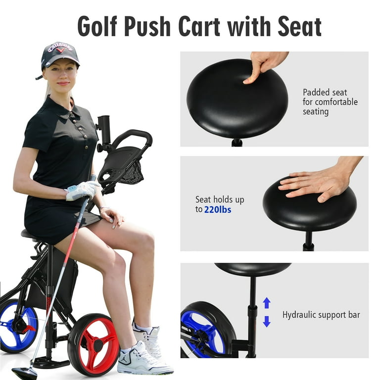Free Shipping Goplus Folding 3 Wheels Golf Push Cart W Seat Scoreboard Adjustable Handle Blue Walmart