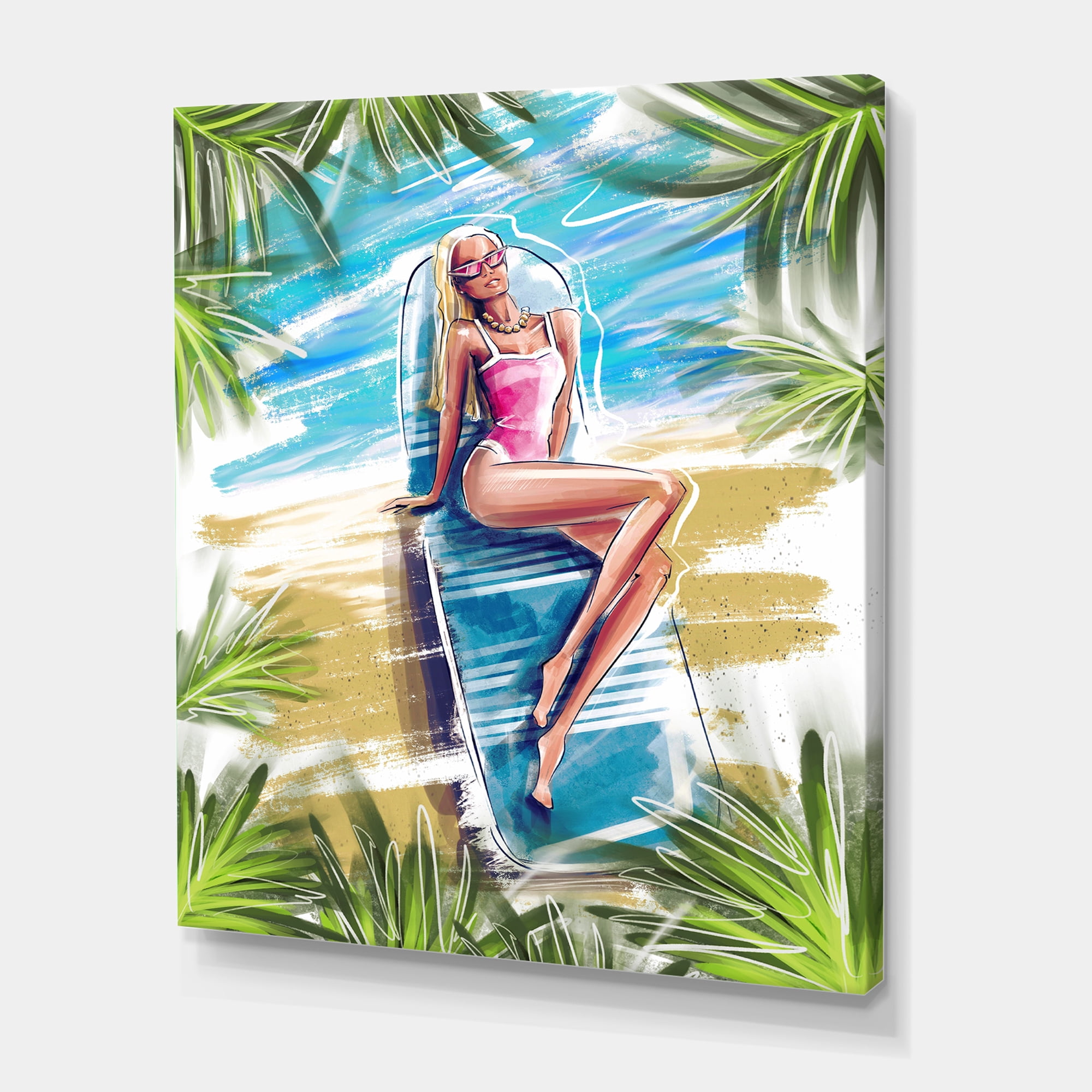 Portrait Beautiful Blond Model At The Beach Sunbathing 8 in x 12 in Painting Canvas Art Print, by Designart
