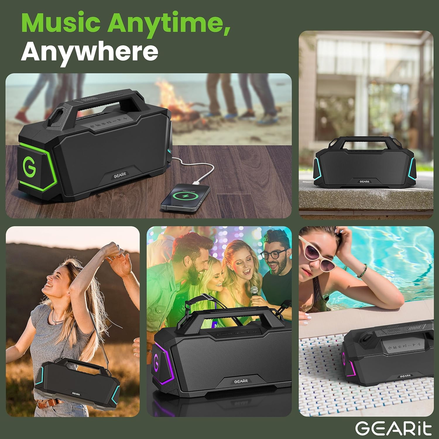 GEARit Waterproof Loud Bluetooth Speaker, 120W Audio, IPX6 Water-Resistant, TWS, Outdoor/Party/Home Use