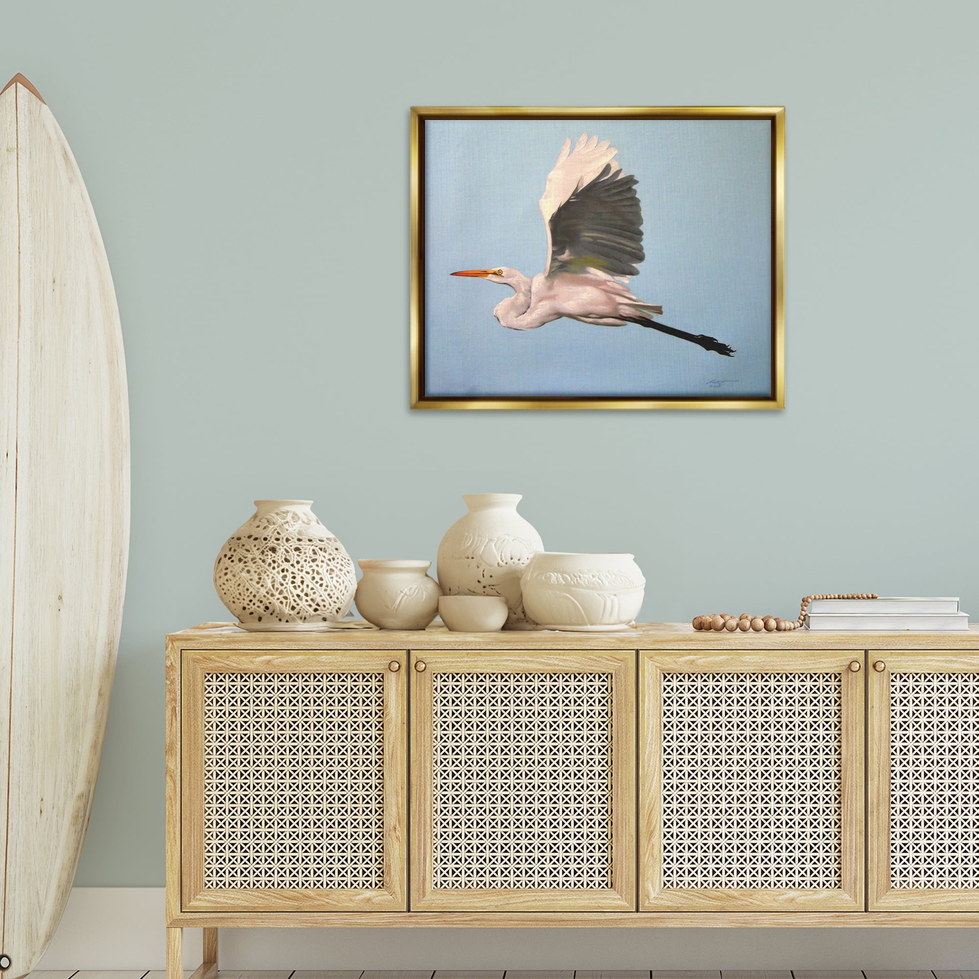 Stupell Industries Graceful Egret Flying Animals & Insects Painting Gold Floater Framed Canvas Art Print Wall Art, 31 x 25