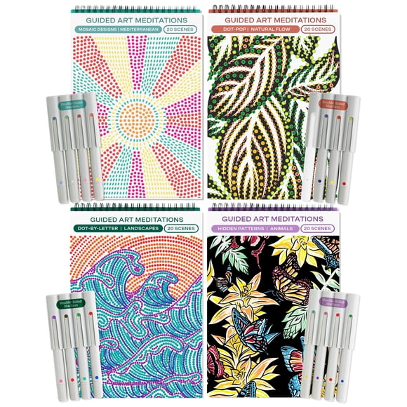 Lifelines FlowArt Activity Pad, paquete de 4 - Meditaciones artísticas guiadas con marcadores - Color por número/letra, arte de puntos y más libros para colorear para adolescentes, adultos y personas