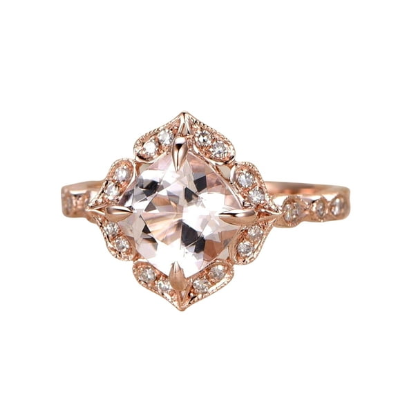 Antique 1.25 carat Real Morganite and Man made diamond moissanite Engagement Ring for Women with 18k Gold Plating