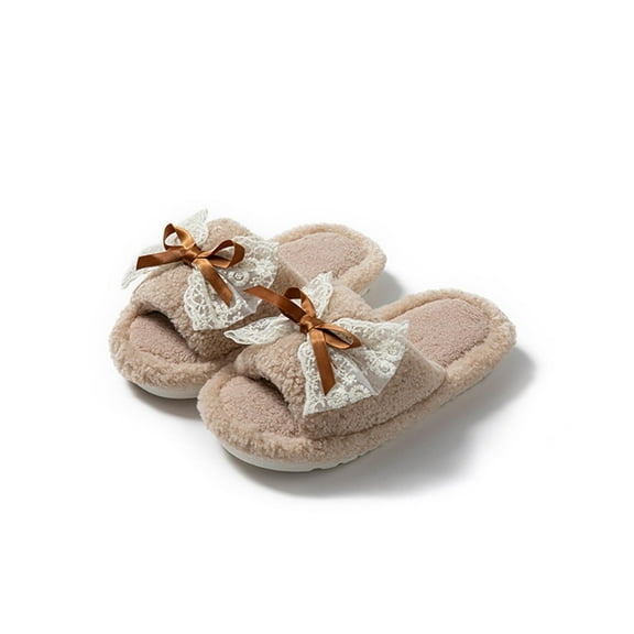 Christmas Gift Womens Slippers Soft Plush Warm House Shoes Women's Fashion Casual Home Indoor And Outdoor Solid Color Bow Slippers Plus Velvet Warm Slippers Coffee 38