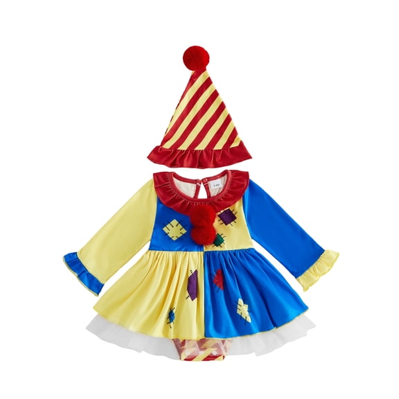 BemeyourBBs Baby Girl Halloween Outfit Baby Kids Baby Clown Costume Infant Ruffled Long Sleeve Patchwork Pompom Romper Dress and Pointed Hat Set