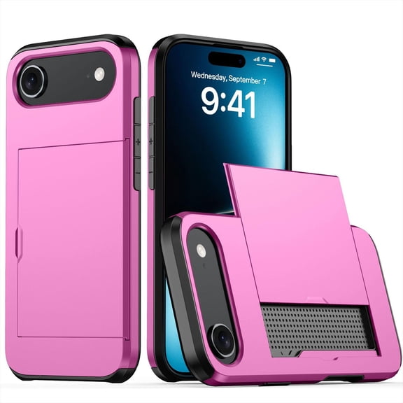 For iPhone Air Case with ID Credit Card Holder, Dual Layer Shockproof Hidden Sliding Card Slot Wallet Anti-Scratch Hard Shell Rugged Back Cover Slim Phone Case,Pink
