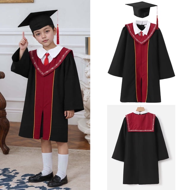 Toge Unisexe de Finissant Ensemble Toge et Mortier de Maternelle Toge Noire Robe de Collation des Grades pour Filles 4-5 Ans
