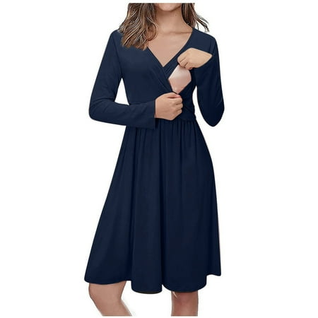 

Juebong Women s V-Neck Long Sleeve Maternity Dress Adjustable Strappy Summer Casual Solid Color Swing Dress for Daily Wearing Or Baby Shower Breast-Feeding Pregnant Maternity Nursing Dresses