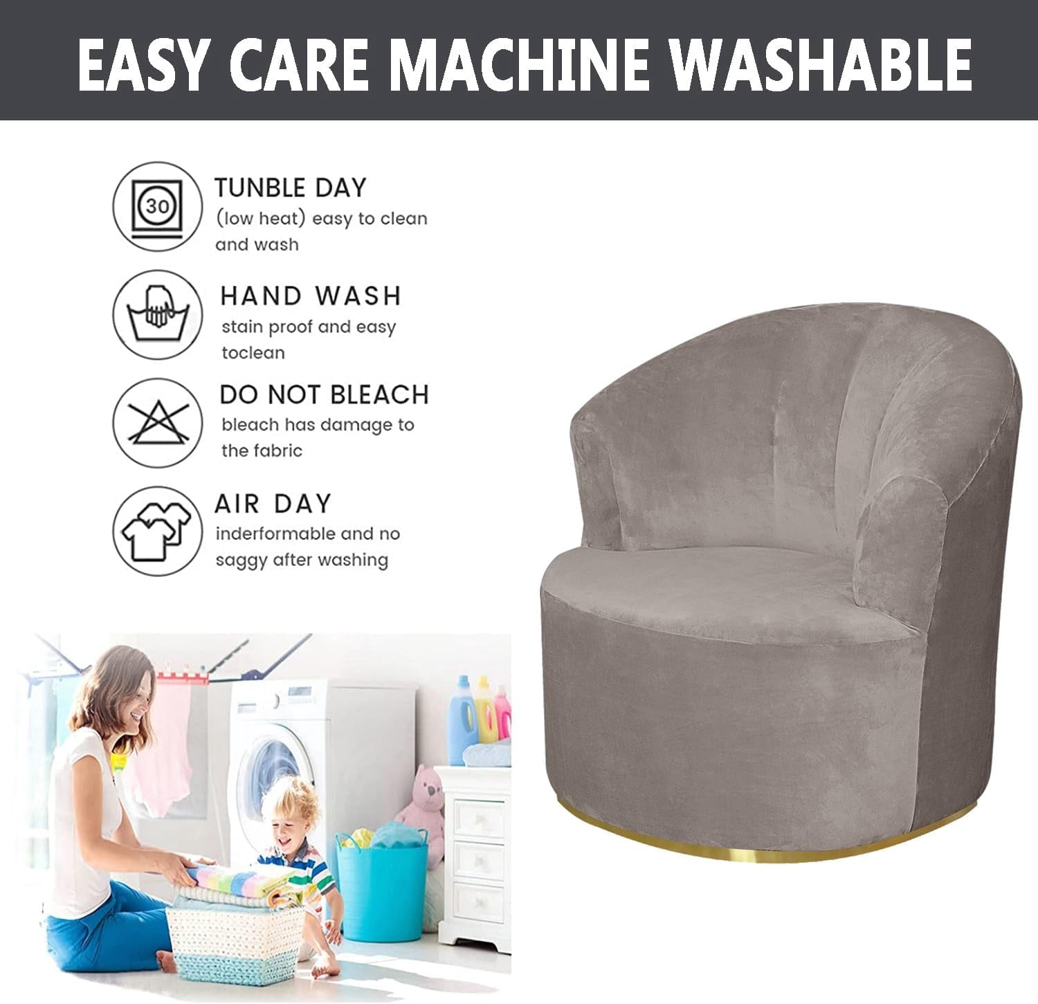 LKJYER Velvet Swivel Barrel Chair Cover, Soft Round Club Armchair Slipcover Modern Accent Chair Slipcover Stretch Single Sofa Cover Washable for Living Room Furniture Protector(Large)