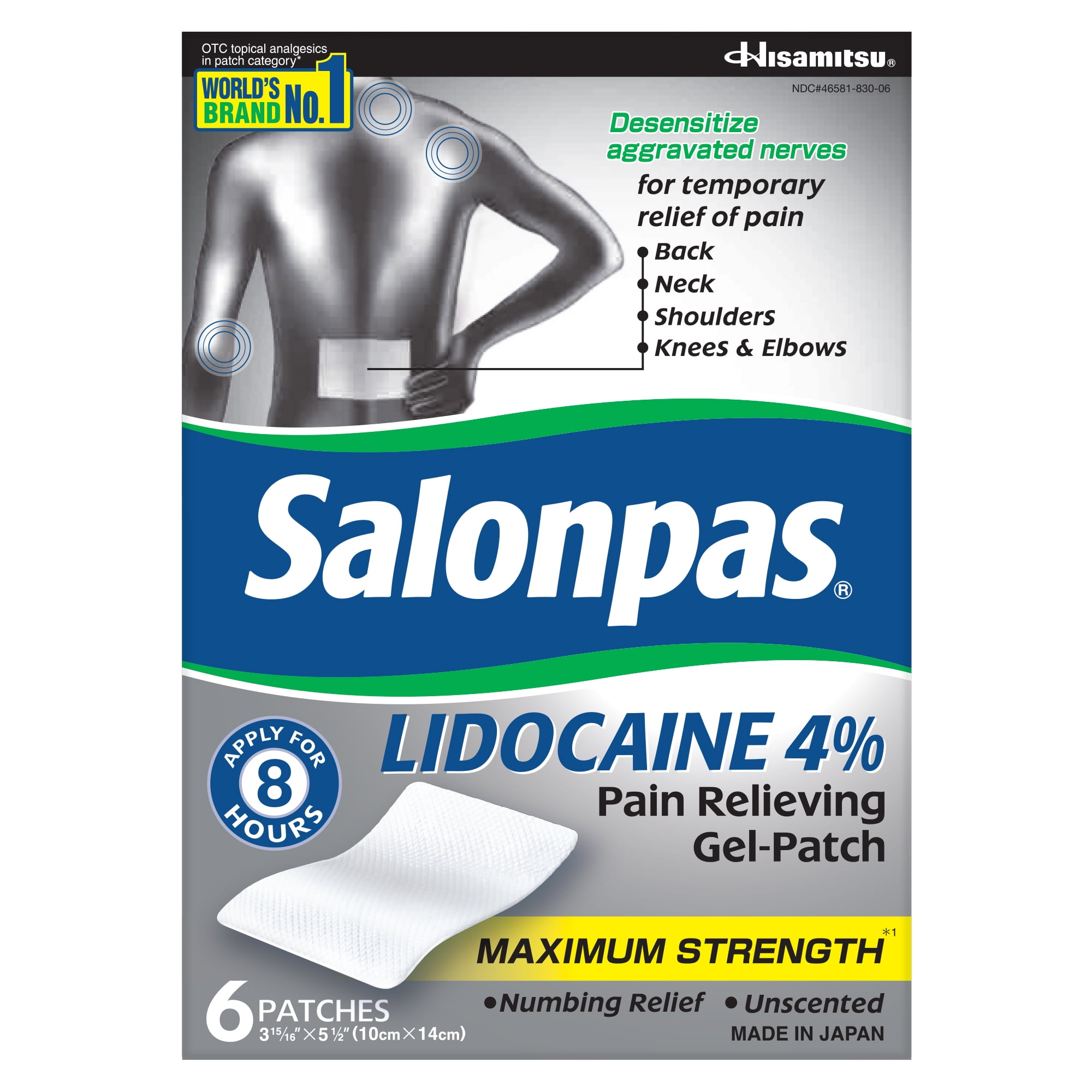 Salonpas Maximum Strength Lidocaine 4 Pain Relieving Gel Patch 6