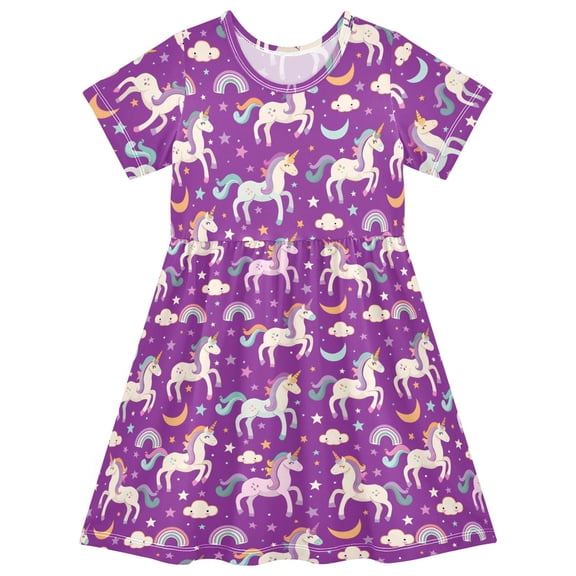 joogoo Unicorn Rainbow Clouds Girls' Short Sleeve Dress Kids Dresses 5-6T