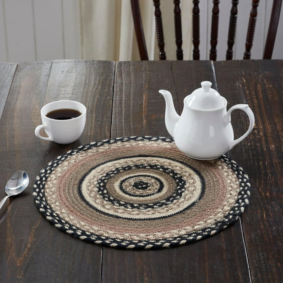 VHC Brands Sawyer Mill Charcoal Creme Table Mat- Pot Holder- Woven Jute Trivet, 15" Round