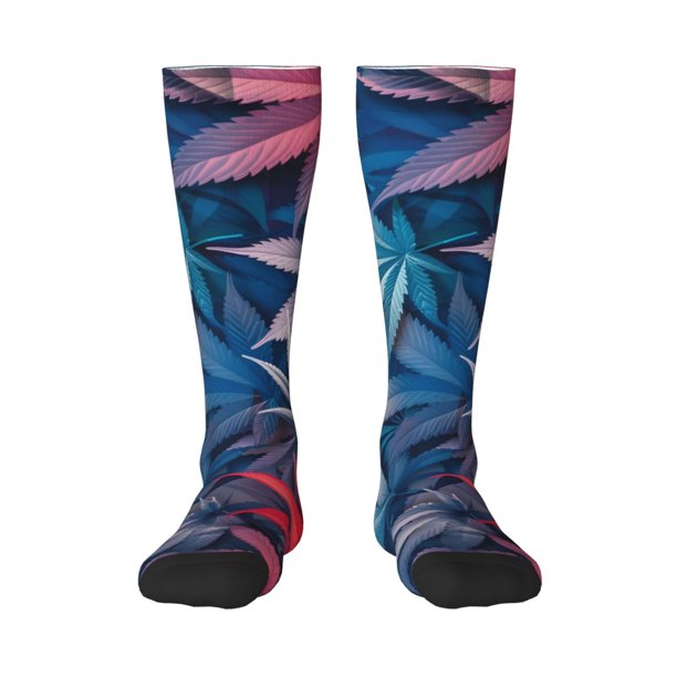 Fotbe Red And Blue Leaves Calcetas Divertidas Estampadas para Hombre y Mujer, Calcetas de Algodón hasta la Rodilla para Caminar, Correr, Enfermería y Embarazo