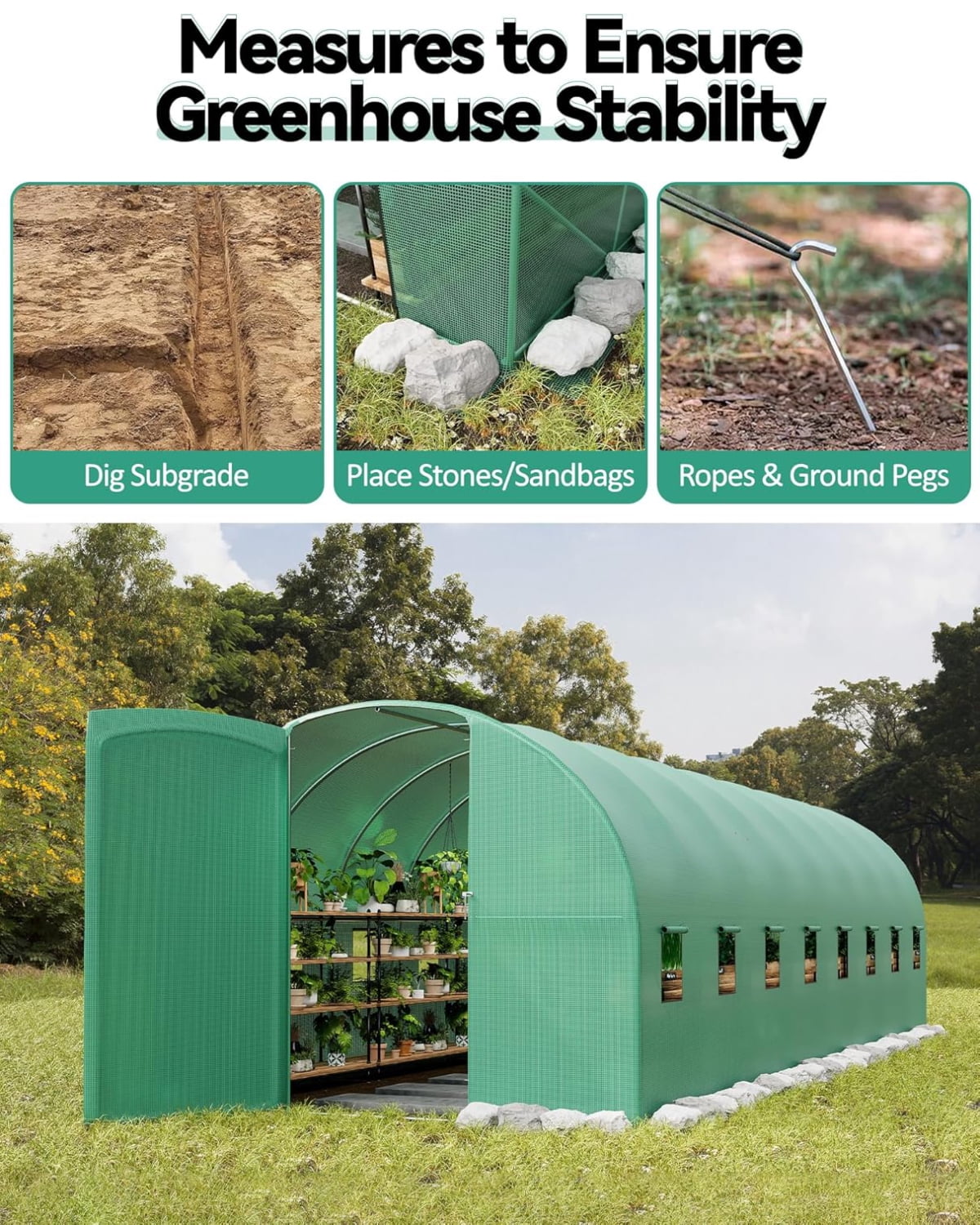 Emorefun Large Greenhouse, Heavy-Duty Walk in Tunnel Greenhouse with Swing Door & 8 Mesh Windows for Backyard Planting, 15x6.5x6.5 ft, Green