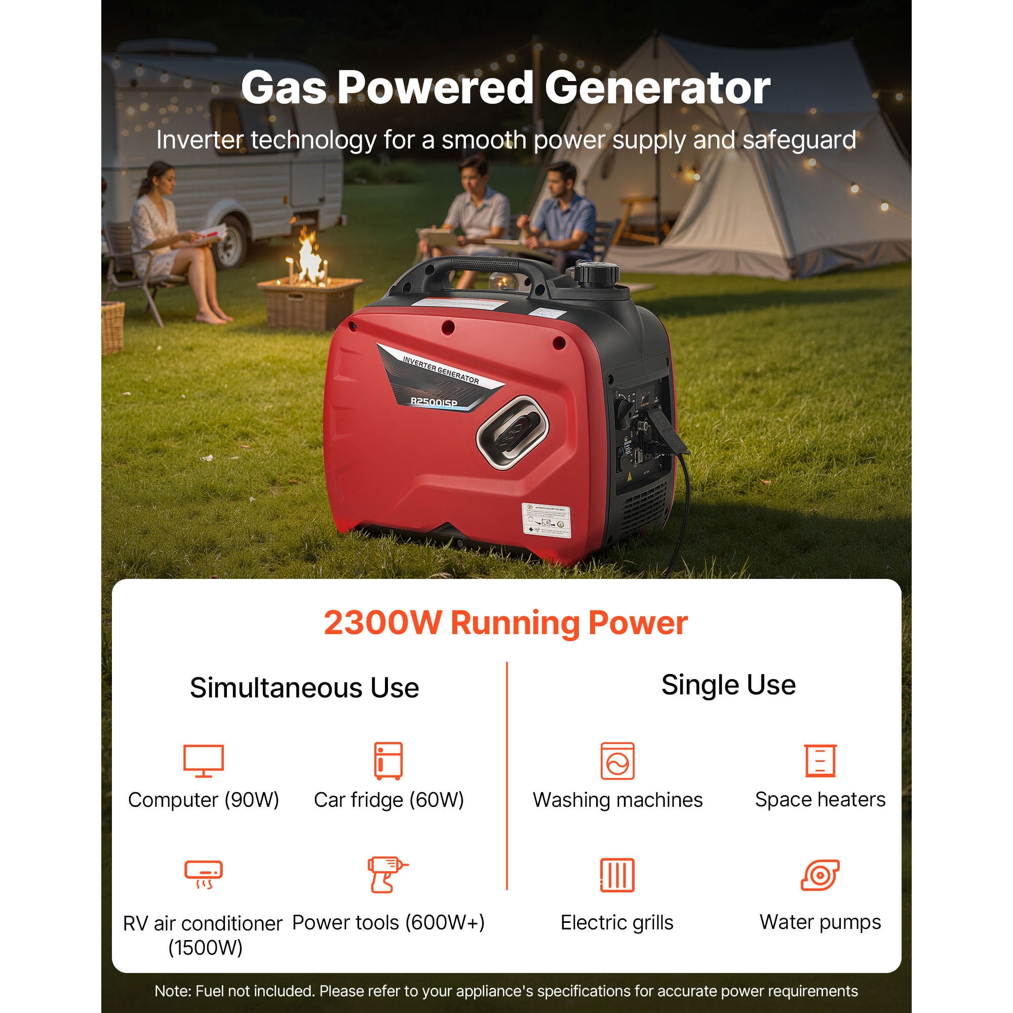 KFFKFF Portable 3000W Peak Watt Inverter Generator, Quiet and Gas-Powered, Ideal for Home Use, Compact Design with Stable Power Output, CO Sensor, and Extended Operation Time