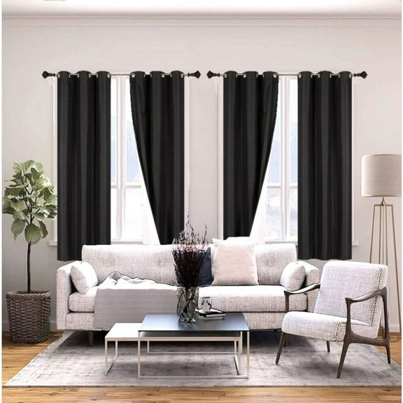 2 Panels Light Blocking Thermal Blackout Window Curtain Top Grommets Black 63" Length Adam for Living /Bedroom Room Home Décor