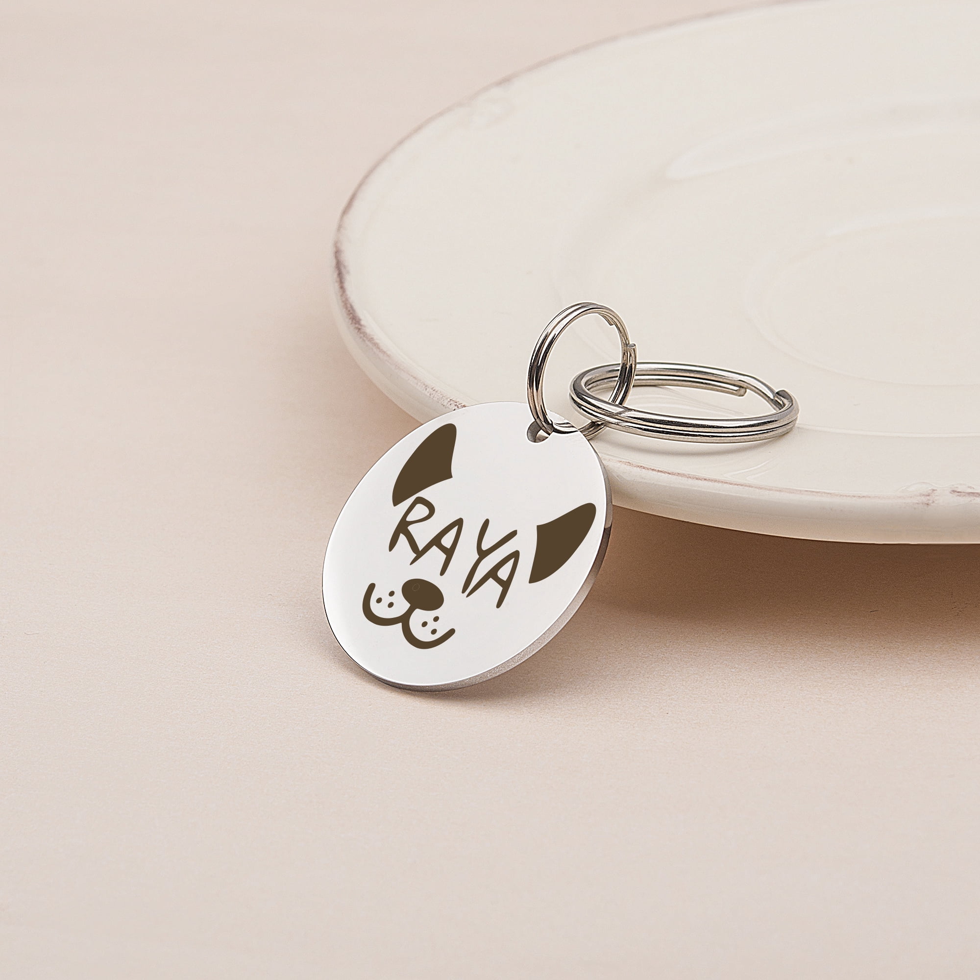 Anavia Metal Stainless Steel Round Name - Animal Face Birthday Holiday Christmas Engraved Dog Cat ID Tag, Silver