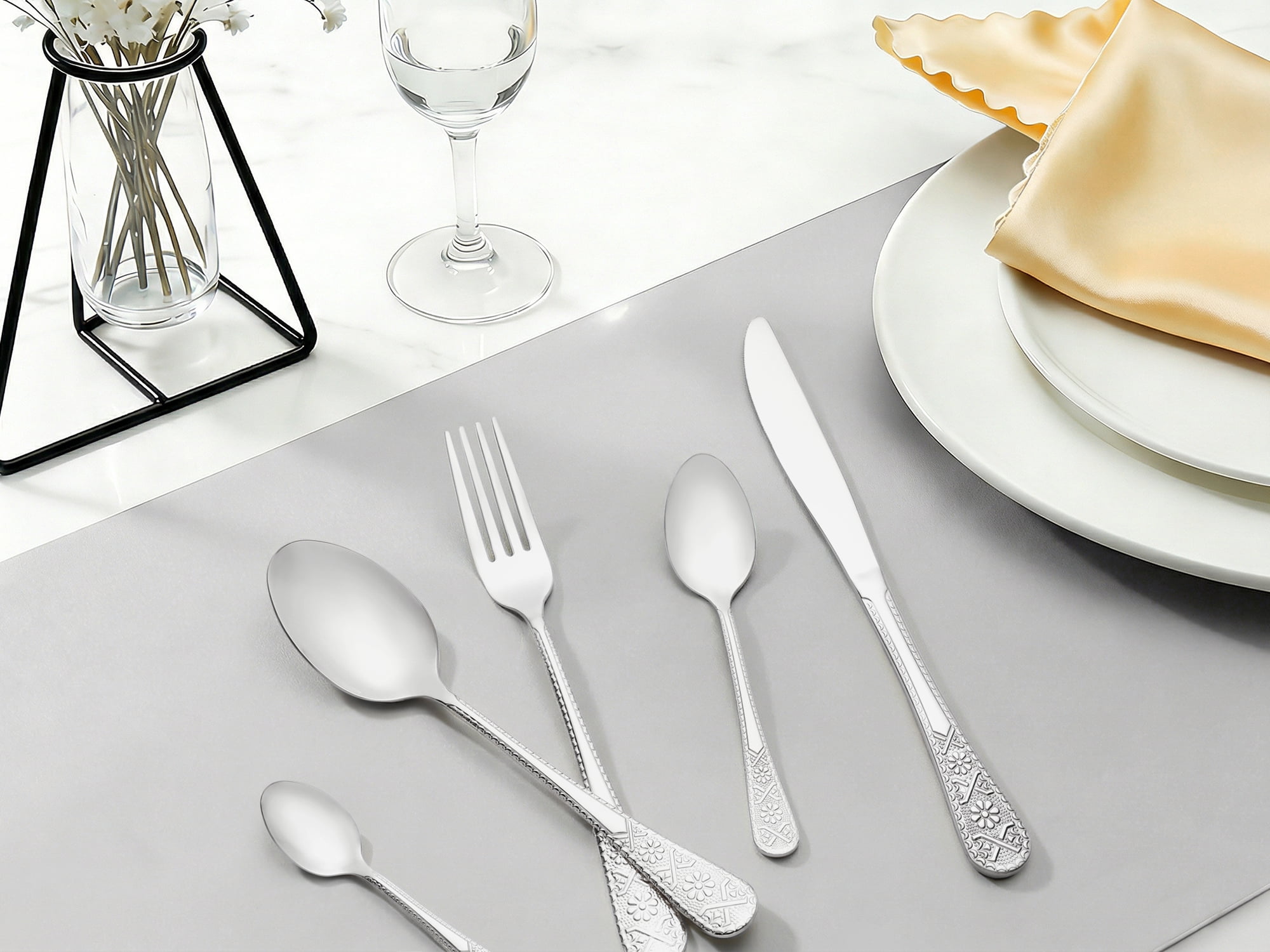 Unique Bargains 20 Piece Stainless Steel Floral Dinner Flatware Set Silver 20