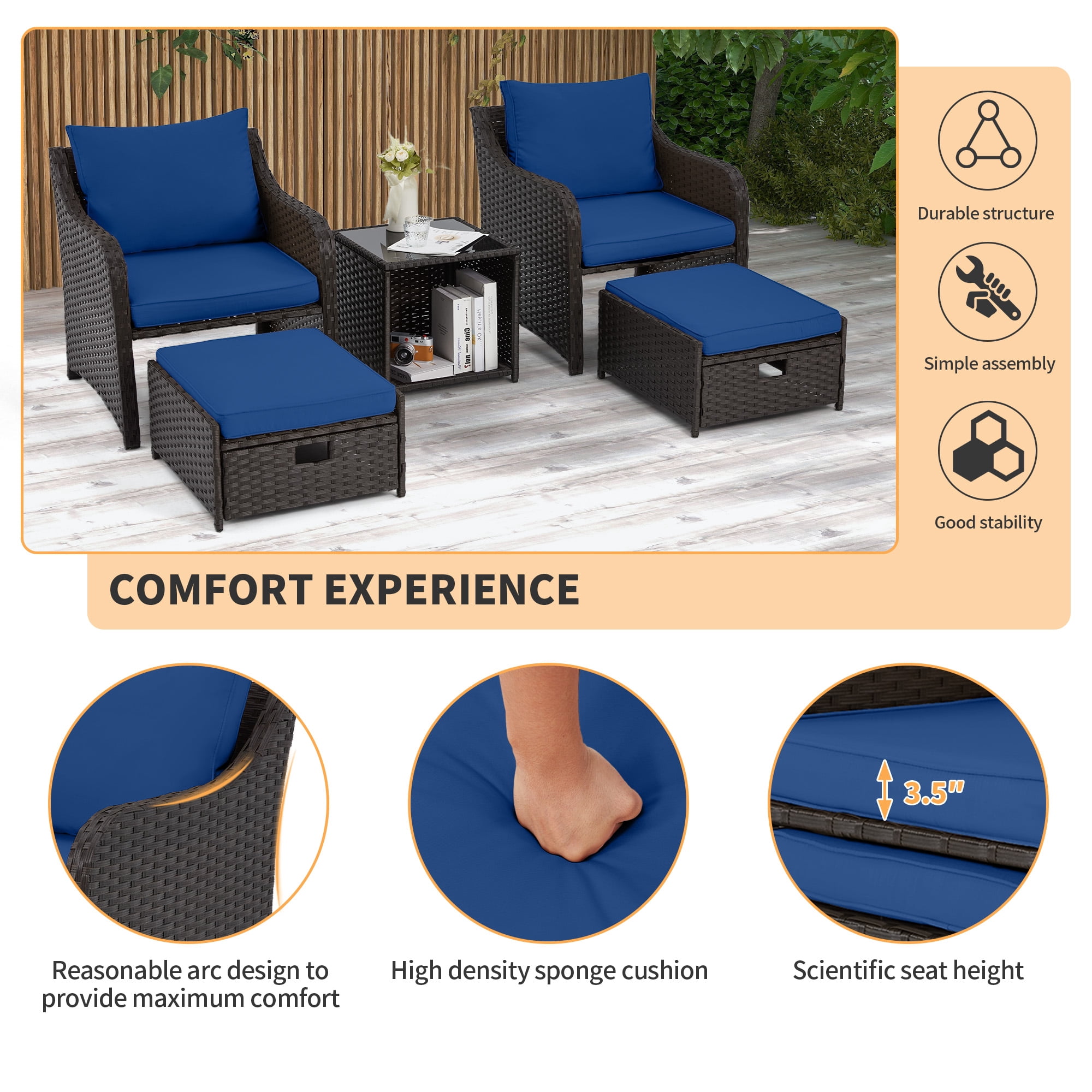 HOMREST 5 Piece Balcony Furniture, All Weather PE Wicker Rattan Patio Furniture Set, Cushioned Patio Chairs Set of 2 w/Ottoman&Table, Outdoor Lounge Chair for Lawn Pool Balcony, Navy Blue