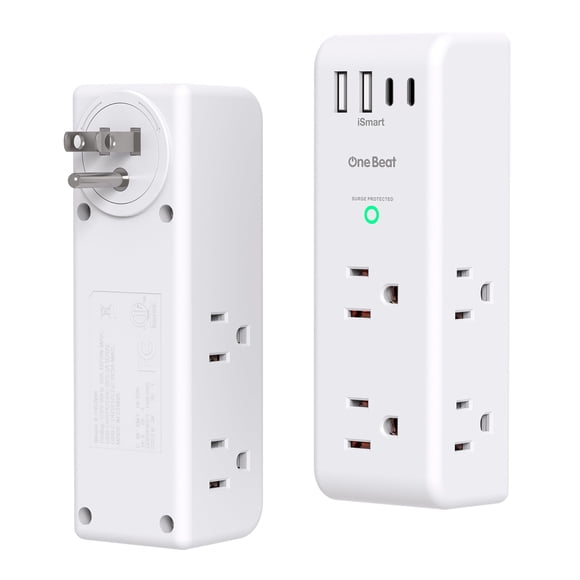 2 Pack Surge Protector Outlet Extender with Rotating Plug, 6 AC Multi Plug with 3 USB Ports (1 USB C), 1800 J, 3-Sided S