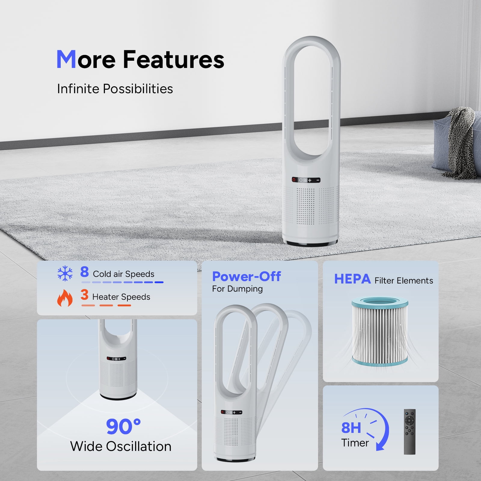 3 IN 1 Tower Fan, 31.5Inch Cooling & Heating Bladeless Fan with HEPA Filter 99.97%, Floor Fan Combo 80° Oscillating with Remote, 8H Timer for Indoor, Bedroom, Home Office Room（White)
