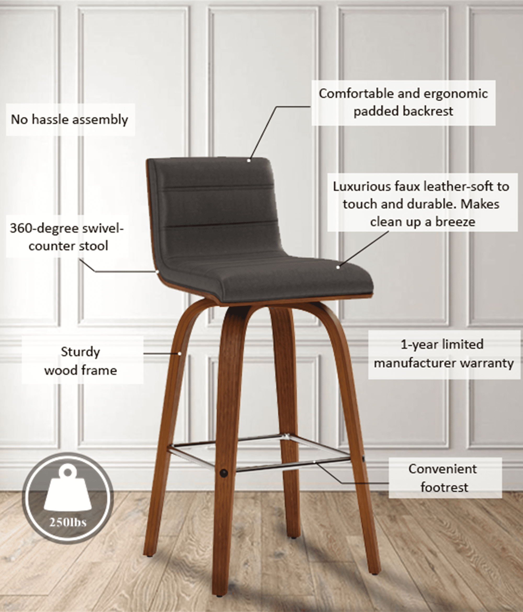 Vienna 26" Swivel Counter Stool in Walnut Wood Finish with Gray Faux Leather - Set of 2