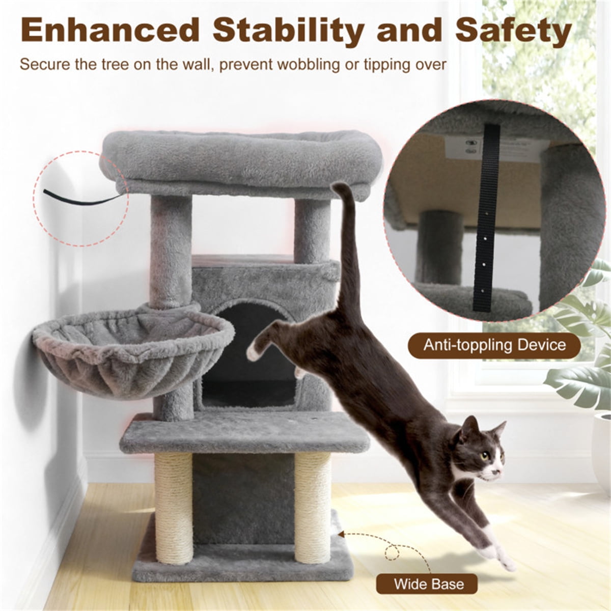 ZephyPaws Tall Cat Tree Tower for Indoor Cat, 35in Multiple-Level Cat Condo with 2 Caves, Cat Scratching Posts,Perches,Gray