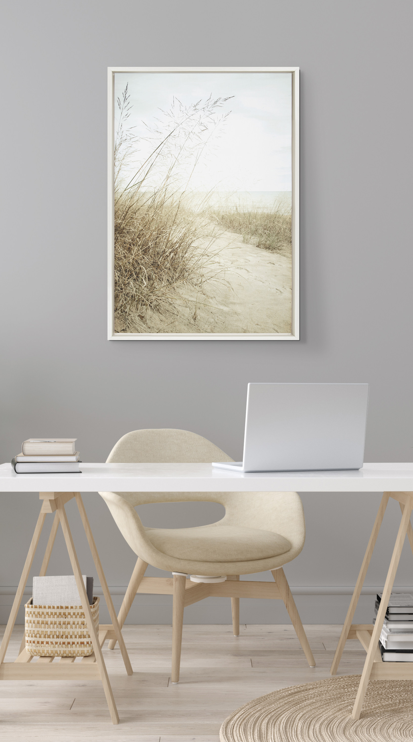 Kate and Laurel Sylvie Beach Grasses Framed Canvas Wall Art by Emiko and Mark Franzen of F2Images, 23x33 White, Coastal Beach Art for Wall
