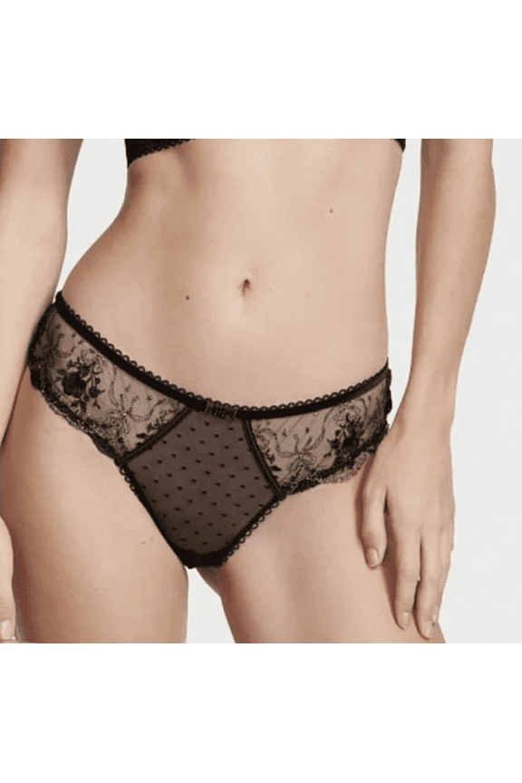 Very Sexy Sheer Lace Mesh Thong Panty Rose and Bows Black XL