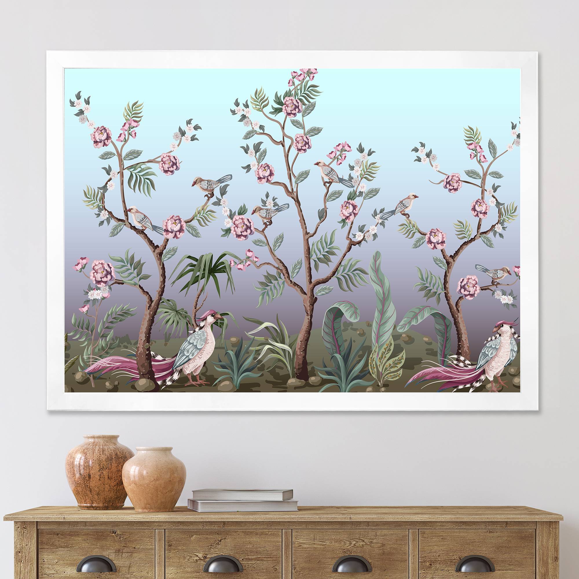Designart 'Chinoiserie With Peonies and Birds II' Traditional Framed Art Print