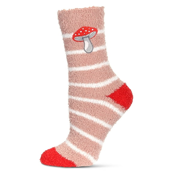 MeMoi Women's Striped Mushroom Embroidery Cozy Crew Socks - Womens - Female, 9-11, Blush